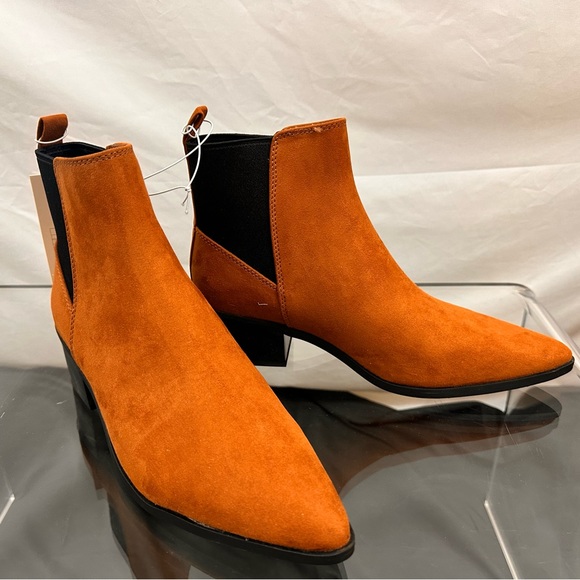 Cognac Slip On Ankle Boot, Pointed Toe, Stacked Heel, Flocked A New Day 8 - Picture 2 of 8